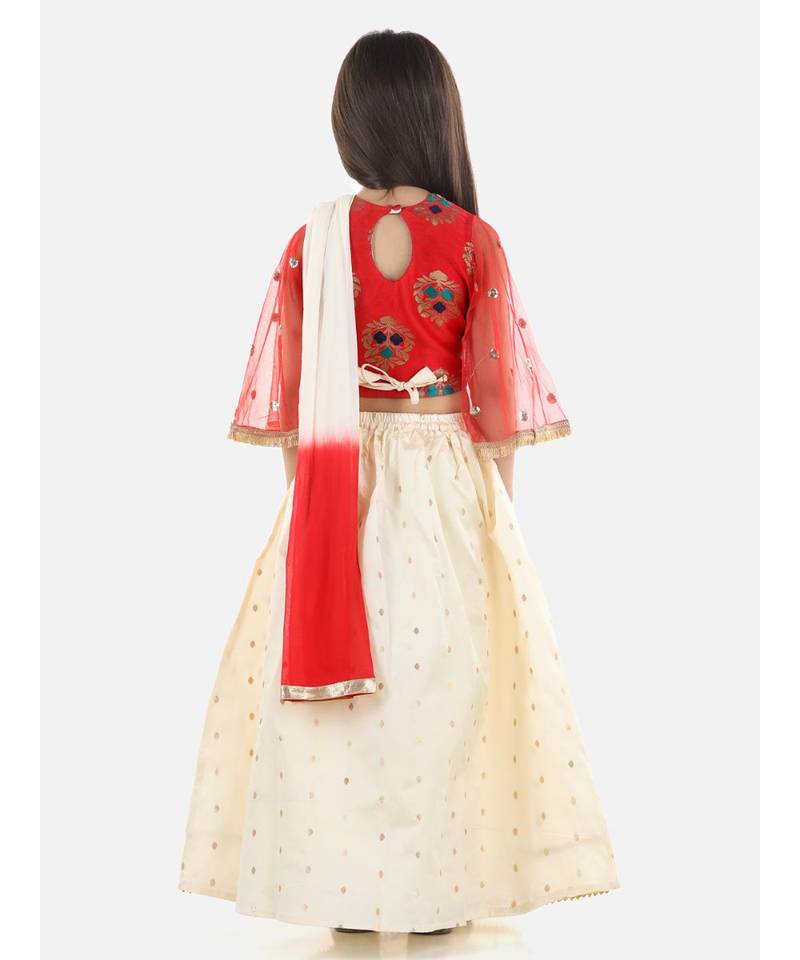 Red  Jacquard Flared Sleeve Top with Silk Lehenga
