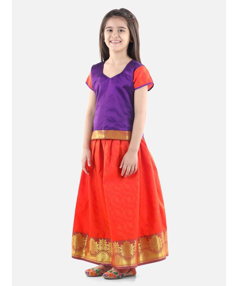 Purple  Half Sleeve South Indian Pavda Pattu Lehenga