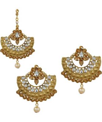 Gold stone antique gold Alloy  Maang tikka & Pair of Earrings 1
