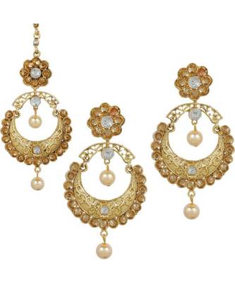 Gold stone antique gold Alloy  Maang tikka & Pair of Earrings 1