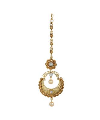 Gold stone antique gold Alloy  Maang tikka & Pair of Earrings 3