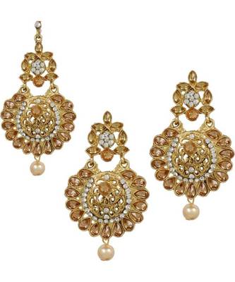 Gold stone antique gold Alloy  Maang tikka & Pair of Earrings 1