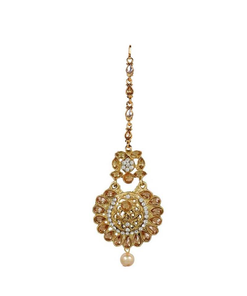 Gold stone antique gold Alloy  Maang tikka & Pair of Earrings