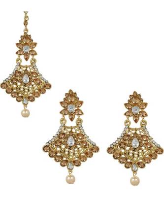 Gold stone antique gold Alloy  Maang tikka & Pair of Earrings 1