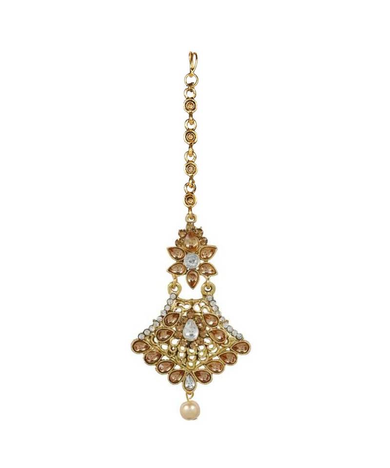 Gold stone antique gold Alloy  Maang tikka & Pair of Earrings