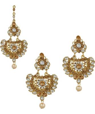 Gold stone antique gold Alloy  Maang tikka & Pair of Earrings 1