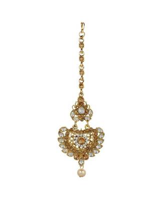 Gold stone antique gold Alloy  Maang tikka & Pair of Earrings 3
