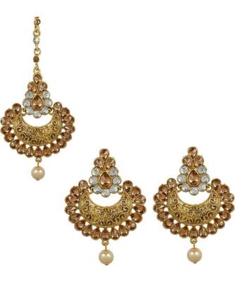 Gold stone antique gold Alloy  Maang tikka & Pair of Earrings 1