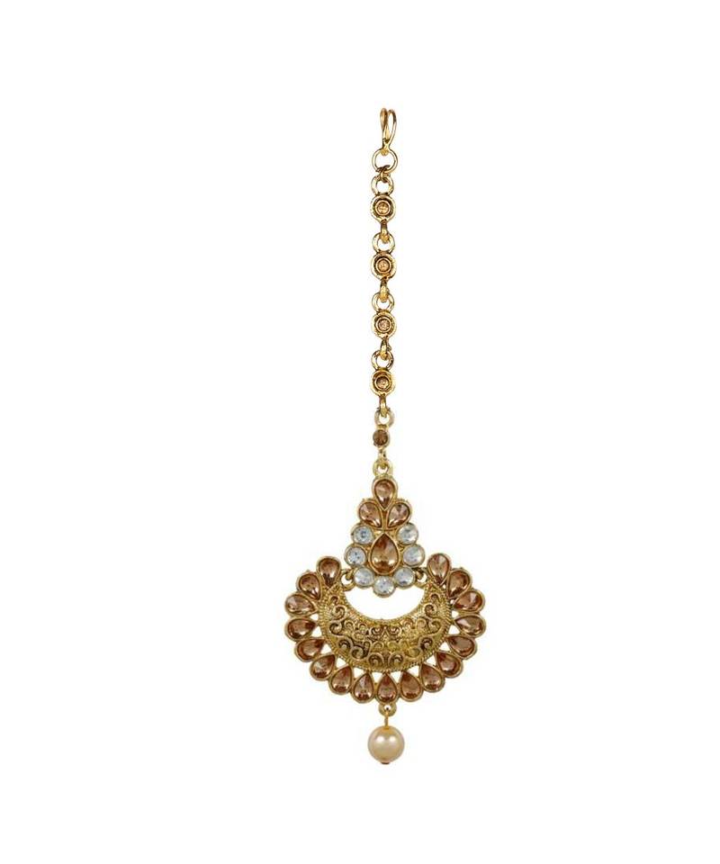 Gold stone antique gold Alloy  Maang tikka & Pair of Earrings