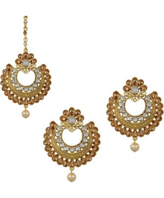 Gold stone antique gold Alloy  Maang tikka & Pair of Earrings 1