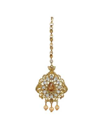 Gold stone antique gold Alloy  Maang tikka & Pair of Earrings 2