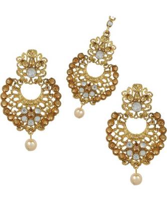 Gold stone antique gold Alloy  Maang tikka & Pair of Earrings 1