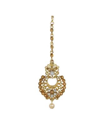 Gold stone antique gold Alloy  Maang tikka & Pair of Earrings 2