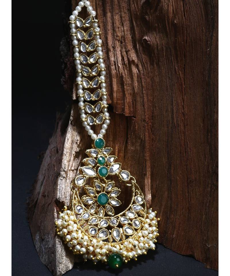 Green stone antique gold Alloy  Maang tikka