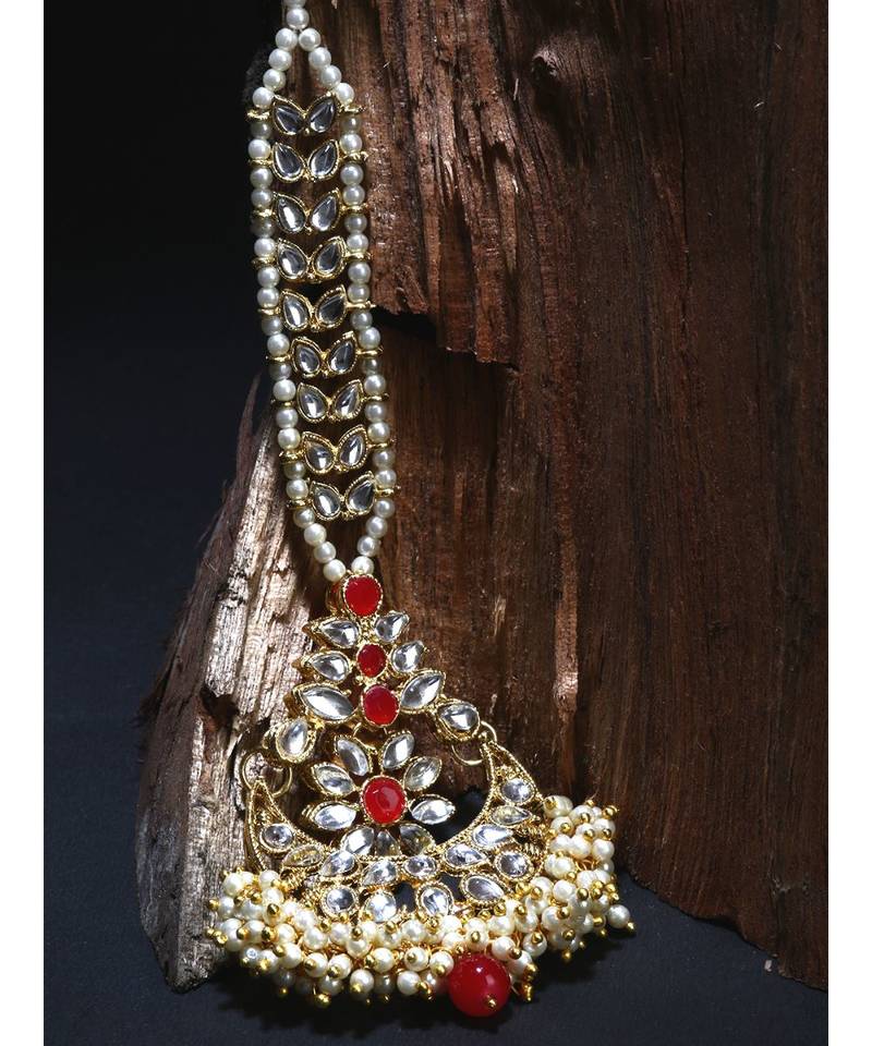 Red stone antique gold Alloy  Maang tikka