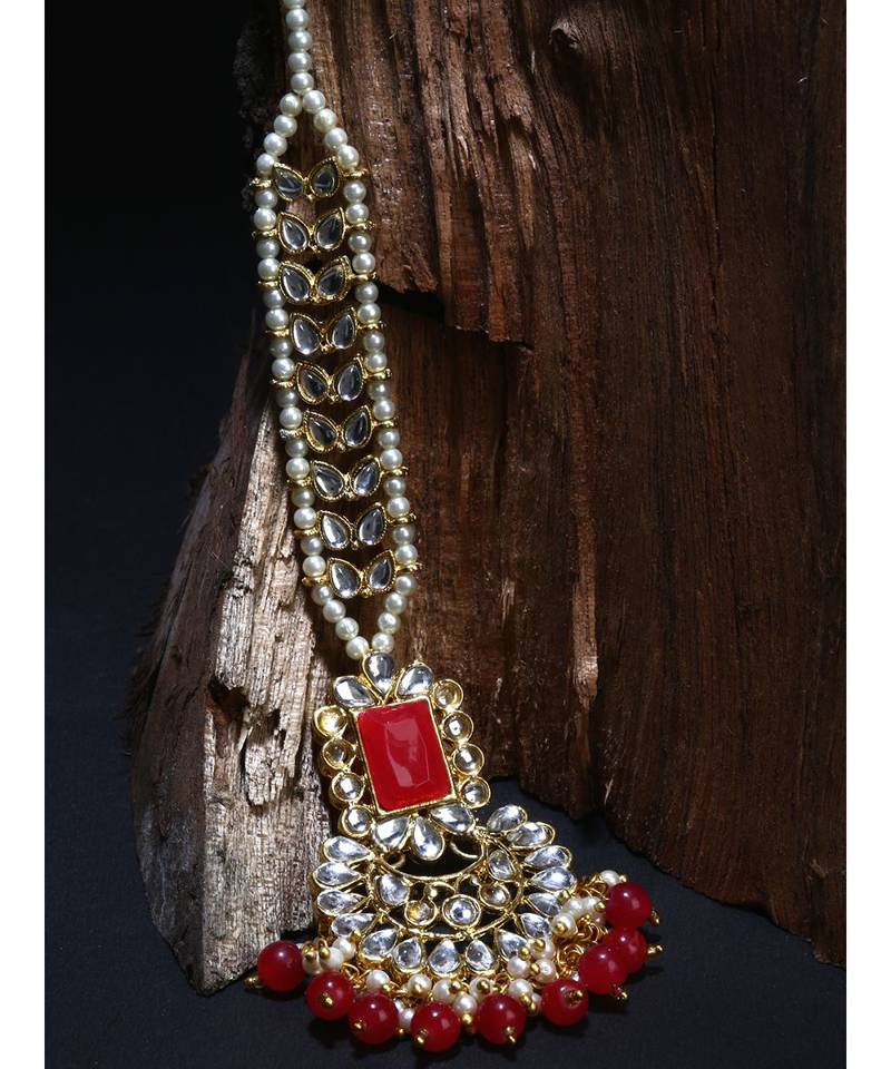 Red stone antique gold Alloy  Maang tikka