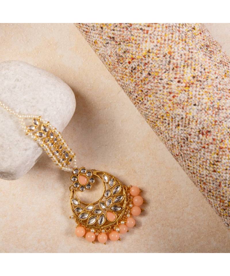 Orange kundan antique gold Alloy  Maang tikka