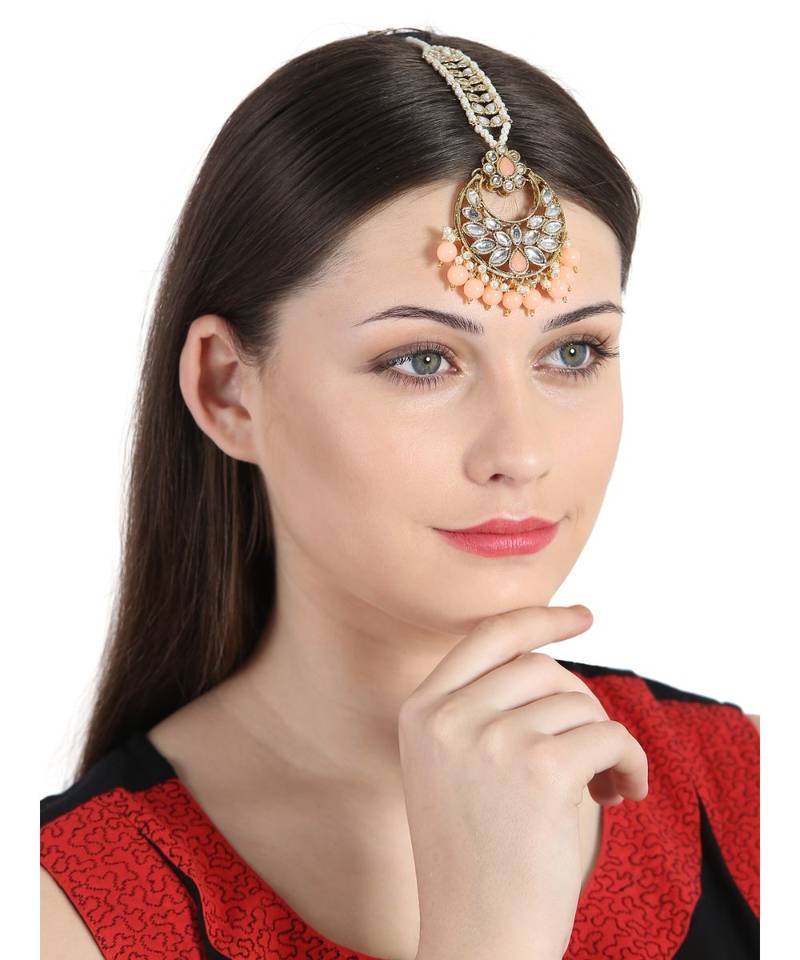Orange kundan antique gold Alloy  Maang tikka