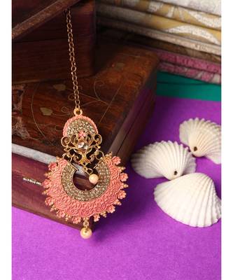 Pink stone antique gold Alloy  Maang tikka 1