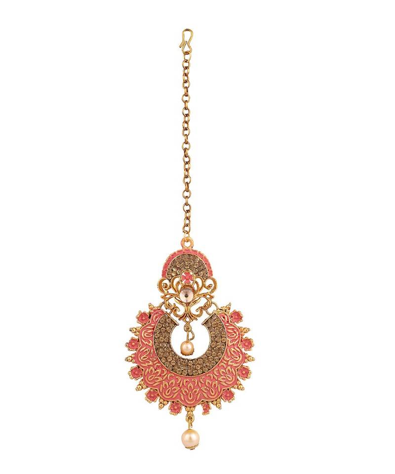 Pink stone antique gold Alloy  Maang tikka