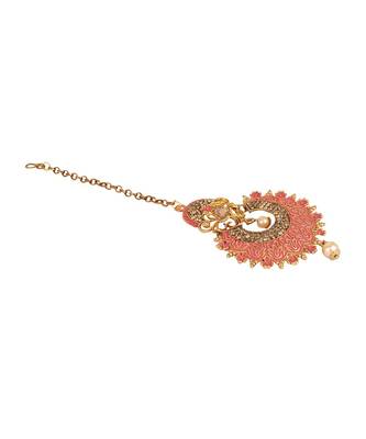 Pink stone antique gold Alloy  Maang tikka 3