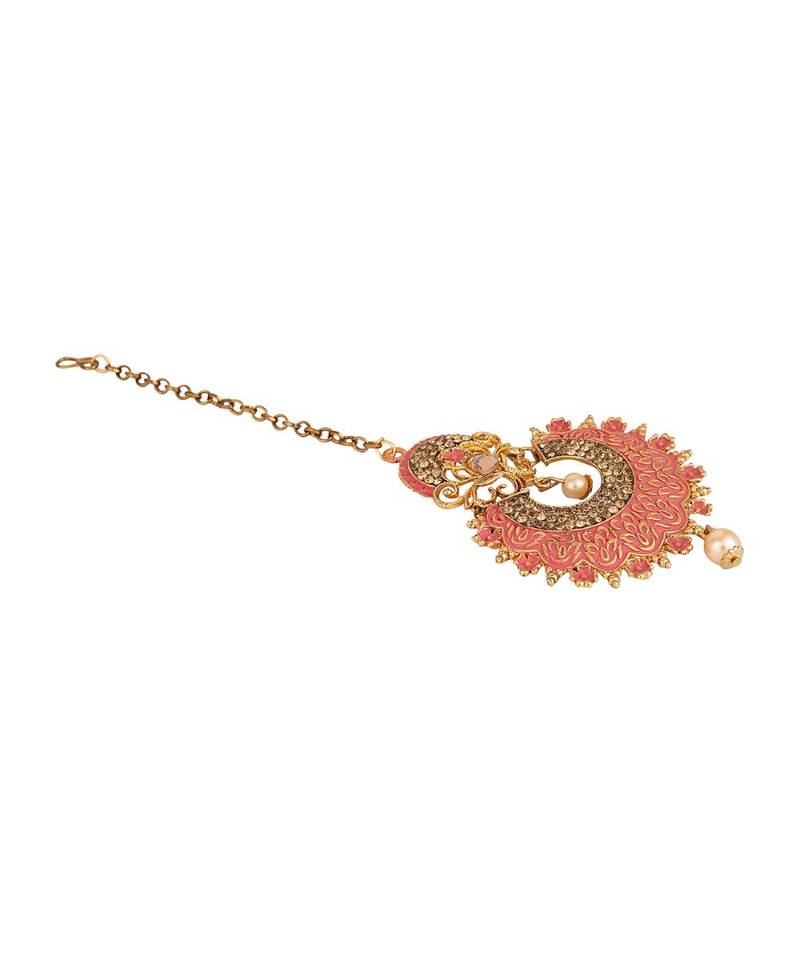 Pink stone antique gold Alloy  Maang tikka