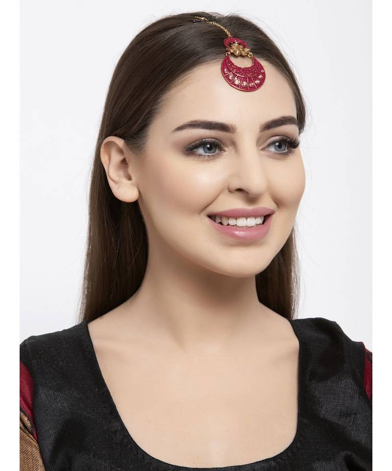 Pink stone antique gold Alloy  Maang tikka