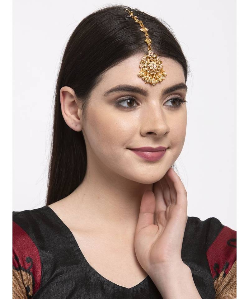 Pink stone antique gold Alloy  Maang tikka