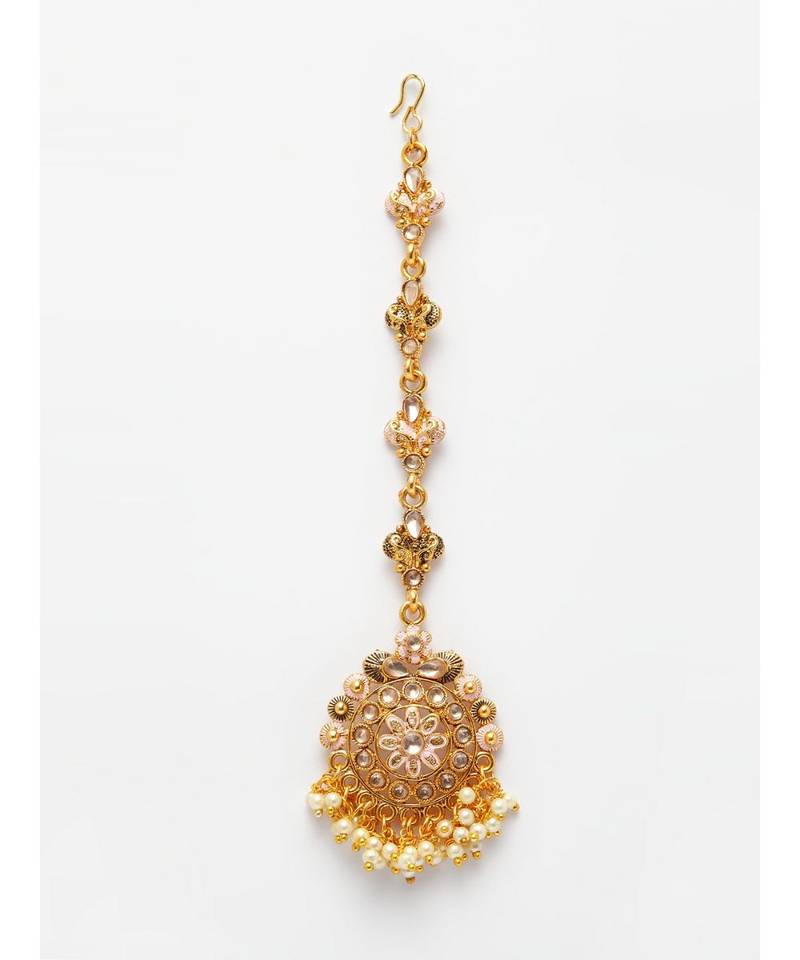 Pink stone antique gold Alloy  Maang tikka