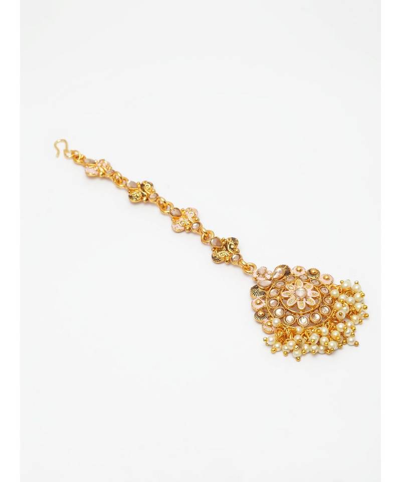 Pink stone antique gold Alloy  Maang tikka