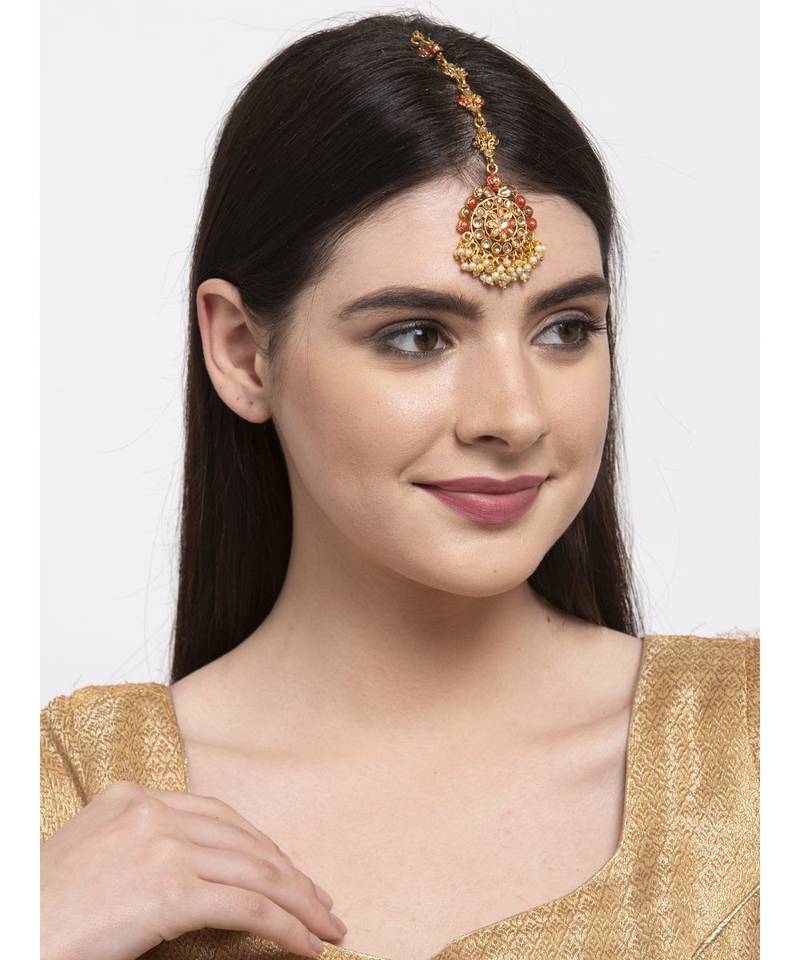 Red stone antique gold Alloy  Maang tikka