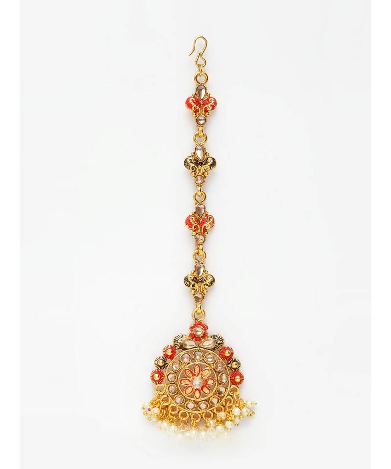 Red stone antique gold Alloy  Maang tikka