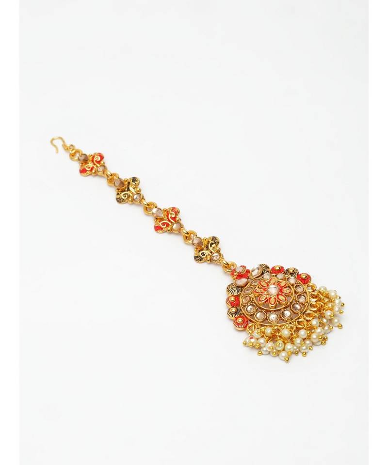 Red stone antique gold Alloy  Maang tikka
