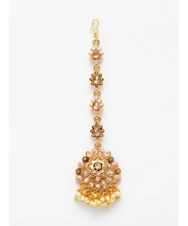 Pink stone antique gold Alloy  Maang tikka