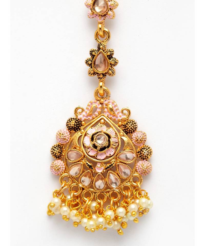 Pink stone antique gold Alloy  Maang tikka