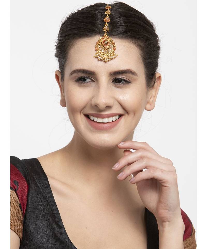 Red stone antique gold Alloy  Maang tikka