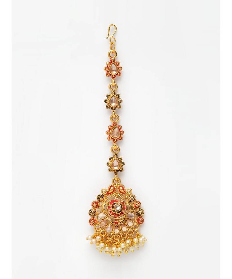 Red stone antique gold Alloy  Maang tikka
