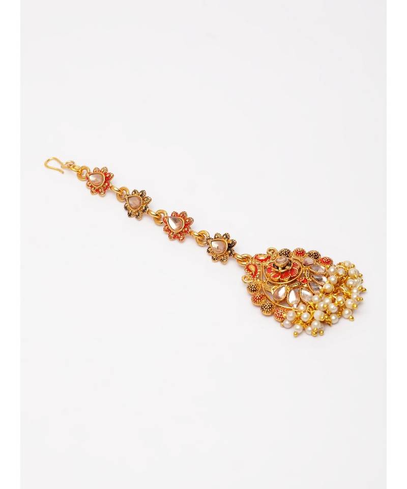 Red stone antique gold Alloy  Maang tikka