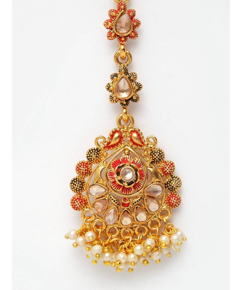 Red stone antique gold Alloy  Maang tikka