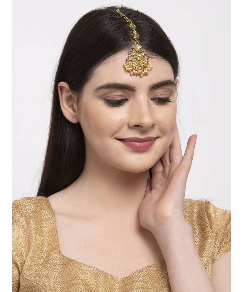 Green stone antique gold Alloy  Maang tikka