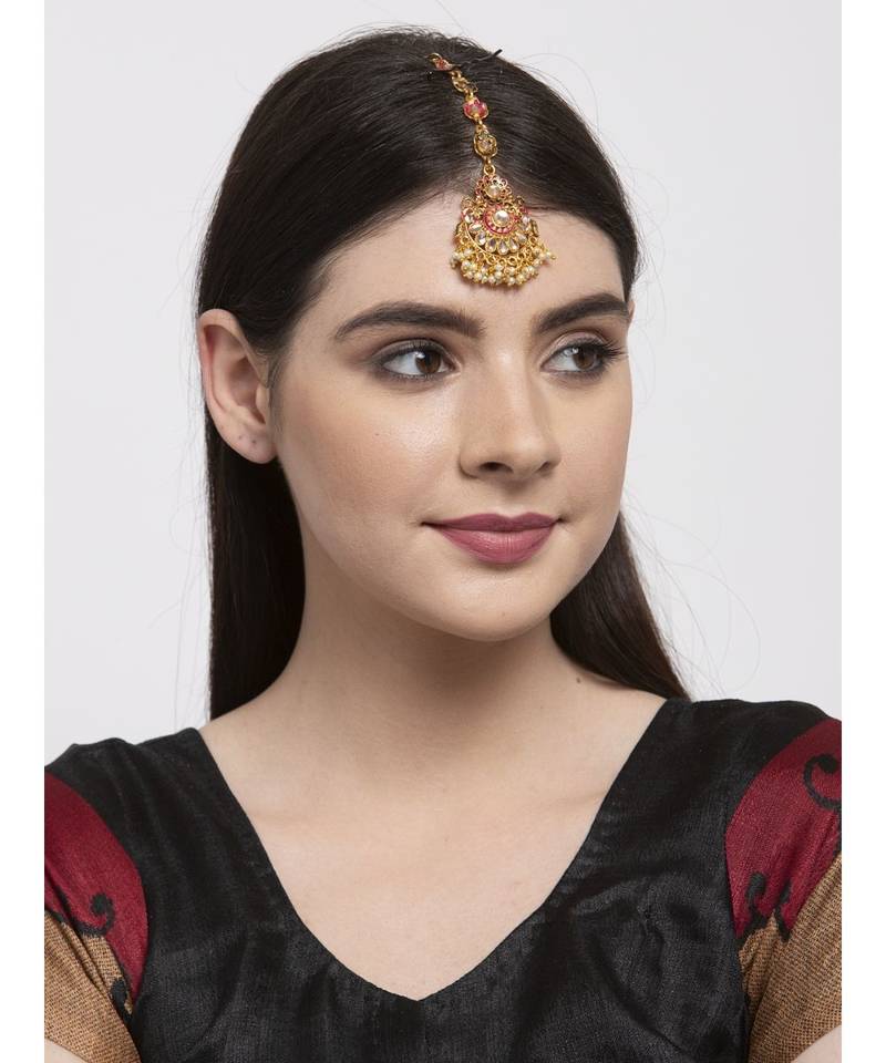 Pink stone antique gold Alloy  Maang tikka