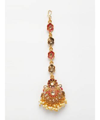 Pink stone antique gold Alloy  Maang tikka 3