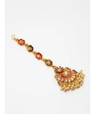 Pink stone antique gold Alloy  Maang tikka 4
