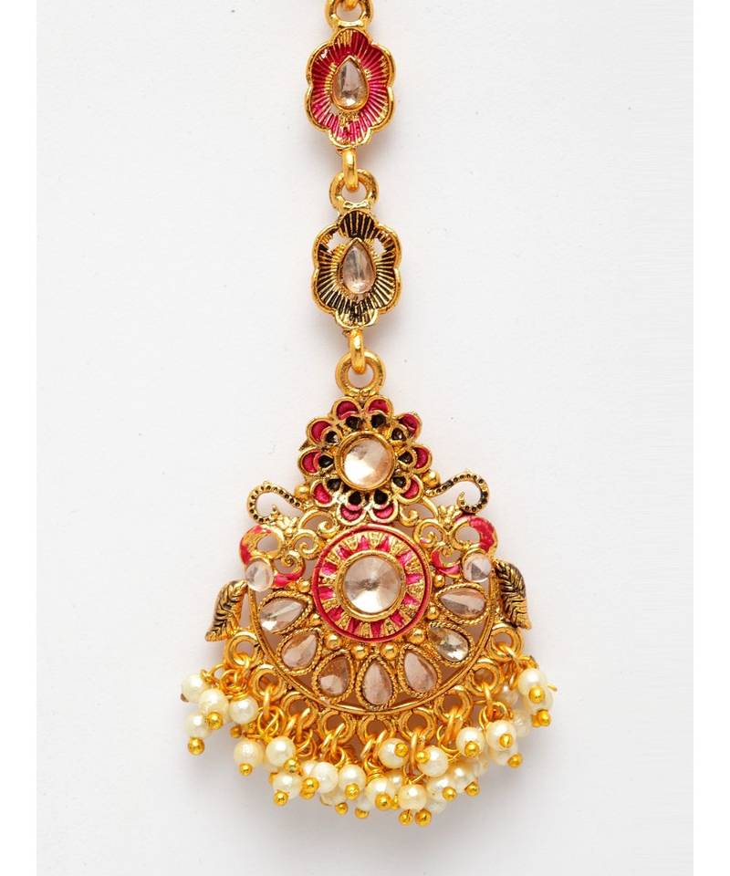 Pink stone antique gold Alloy  Maang tikka