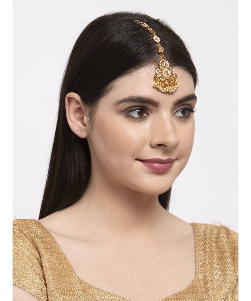 Pink stone antique gold Alloy  Maang tikka
