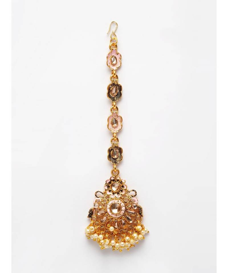 Pink stone antique gold Alloy  Maang tikka