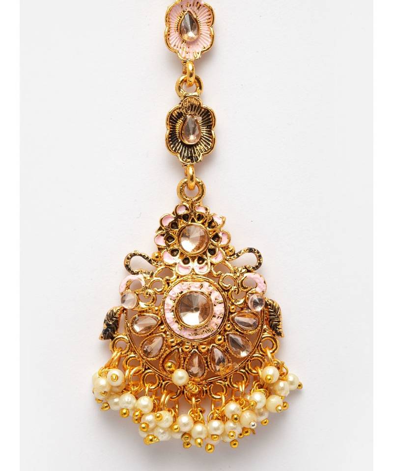 Pink stone antique gold Alloy  Maang tikka