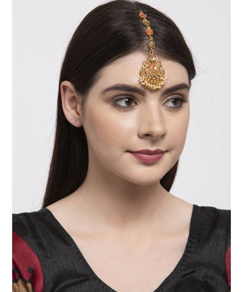 Red stone antique gold Alloy  Maang tikka