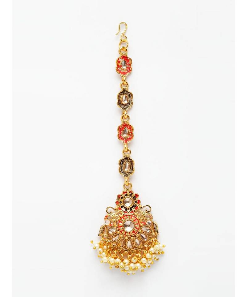 Red stone antique gold Alloy  Maang tikka