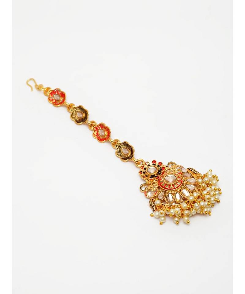 Red stone antique gold Alloy  Maang tikka